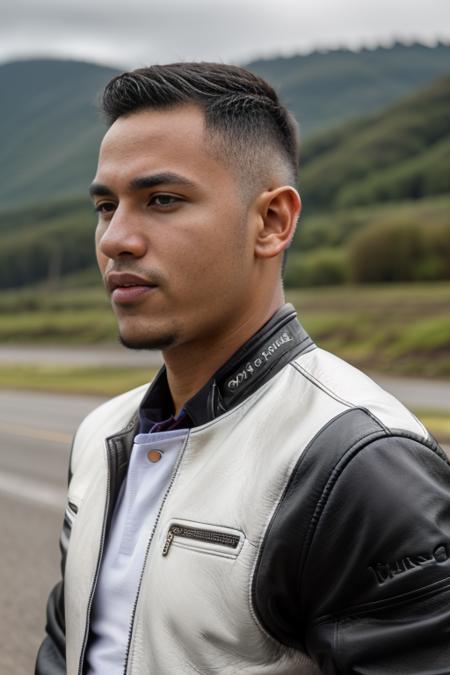 syahnk, face of syahnk, 1man,22 y.o very huge muscular man wearing white shirt in fit leather jacket,( visible huge pecs and bulging muscular arm in tight jacket,tight leather jacket,detailed jacket,handsome,masculine,military hair,high fade hair,whole body shot,high detailed skin:1.4), full body, coastline, overcast weather, wind, waves,motorbike, ,8k uhd, dslr, soft lighting, high quality, film grain, Fujifilm XT3 masterpiece, best quality, highres, realistic,DSLR ,<lora:syahnkV4-04:0.5>