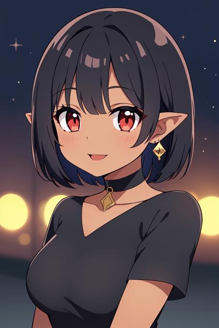 masterpiece, best quality, 1girl, mature female, anime screencap,
short hair, wavy hair, black hair, red eyes, dress, swept bangs, medium breasts, choker, dark skin, earrings, pointy ears, makeup, smile,
depth of field, portrait, night, bokeh,