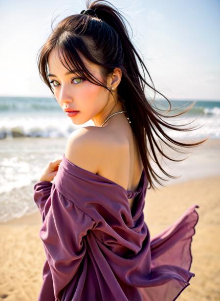 cinematic film still a young woman on a beach. She is standing on the sand with the ocean in the background. The woman is wearing a purple off-the-shoulder dress that is flowing in the wind. Her hair is styled in loose waves and she is looking off to the side with a serious expression on her face. The sky is blue and the sun is setting, casting a warm glow over the scene. The overall mood of the image is peaceful and serene. <lora:add-detail-xl:.5>  <lora:Flux-style-xl-lora:.5>