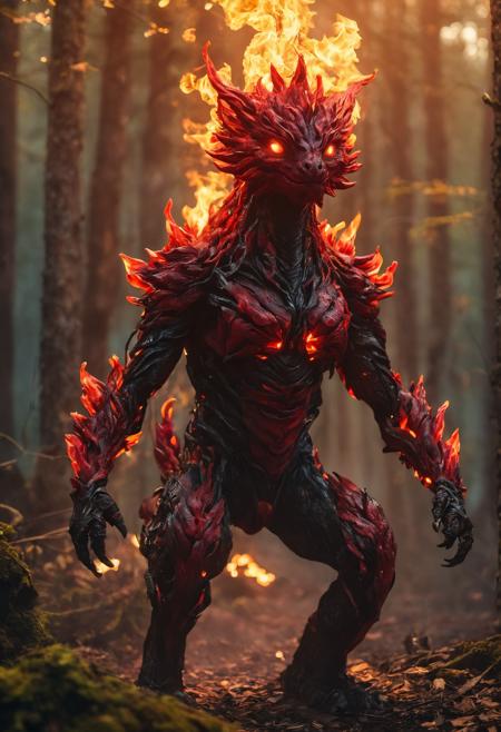 Medium shot, Adorable creature completely made of fire, fire shape, red fire creature, surrealistic, fantasy, moody lighting, best quality, full body portrait, real picture, intricate details, depth of field, in a forest, fujifilm xt3, outdoors, bright day, beautiful lighting, raw photo, 8k uhd, film grain, unreal engine 5, ray tracing