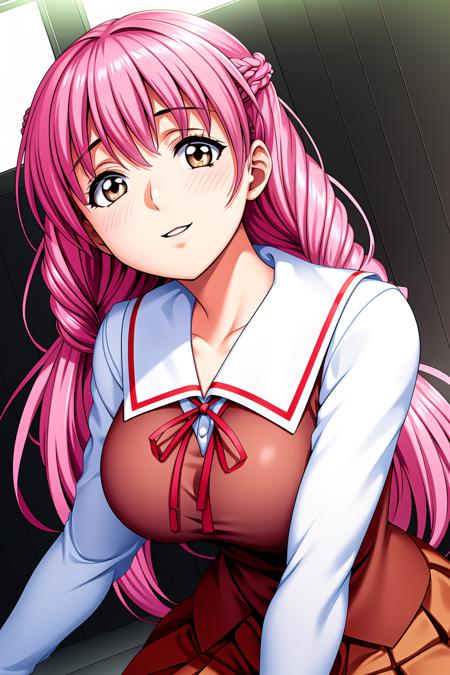 Simple White Background,
school uniform, red ribbon,long sleeves,white shirt,serafuku,
<lora:Rika_Akagawa_Isaku-KK77-V1:0.7>,
pink hair,Bangs,long hair,brown eyes, 
<lora:Mariana_Luciano_NON_VIRGIN-KK77-V1:0.3>,<lora:more_details:0.1>,
1 girl, 20yo,Young female,Beautiful Finger,Beautiful long legs,Beautiful body,Beautiful Nose,Beautiful character design, perfect eyes, perfect face,expressive eyes,perfect balance,
looking at viewer,(Focus on her face),closed mouth, (innocent_big_eyes:1.0),Light_Smile,
official art,extremely detailed CG unity 8k wallpaper, perfect lighting,Colorful, Bright_Front_face_Lighting,shiny skin, 
(masterpiece:1.0),(best_quality:1.0), ultra high res,4K,ultra-detailed,
photography, 8K, HDR, highres, absurdres:1.2, Kodak portra 400, film grain, blurry background, bokeh:1.2, lens flare, (vibrant_color:1.2),professional photograph, 
(Beautiful,large_Breasts:1.4), (beautiful_face:1.5),(narrow_waist),