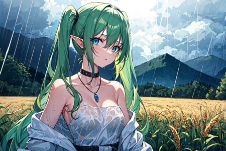 best quality,masterpiece,extremely detailed CG unity 8k wallpaper, ultra-detailed, photo,
1girl,solo,rain,off-shoulder dress,collarless,light green hair,light blue eyes,elf,twintails,delicate face,beautiful detailed eyes,chocker,topless,necklace,
darkness,heavy rain,wet,water,dark sky,dark,black clouds,cloudy,(rainstorm:1.4),dark night,(field:1.4),mountains,hills,wheat,lightning,
dynamic angle,looking at viewer