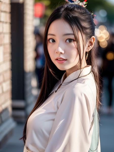 <lora:xinxiaomong:0.8>, ((nsfw), open clothes), hanfu, masterpiece, best quality, 1girl, aqua eyes, black hair, closed mouth, looking at viewer, solo, upper body, alluring, clean, beautiful face, pure face, pale skin, sexy pose,long hair, ((perfect female figure)), 18-years-old chinese girl, narrow waist, city street background, arm behind head, outdoor, watched by crowd background