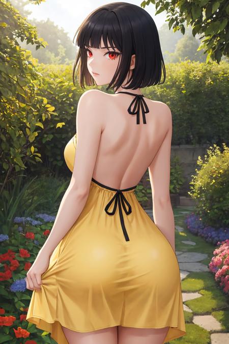 masterpiece, best quality, 1girl, solo, <lora:ryoshu-lc-richy-v1:1> ryoshu, from behind, (yellow sundress:1.2), red eyes, huge ass, backless outfit, garden, beautiful, sunlight, sunbeam,