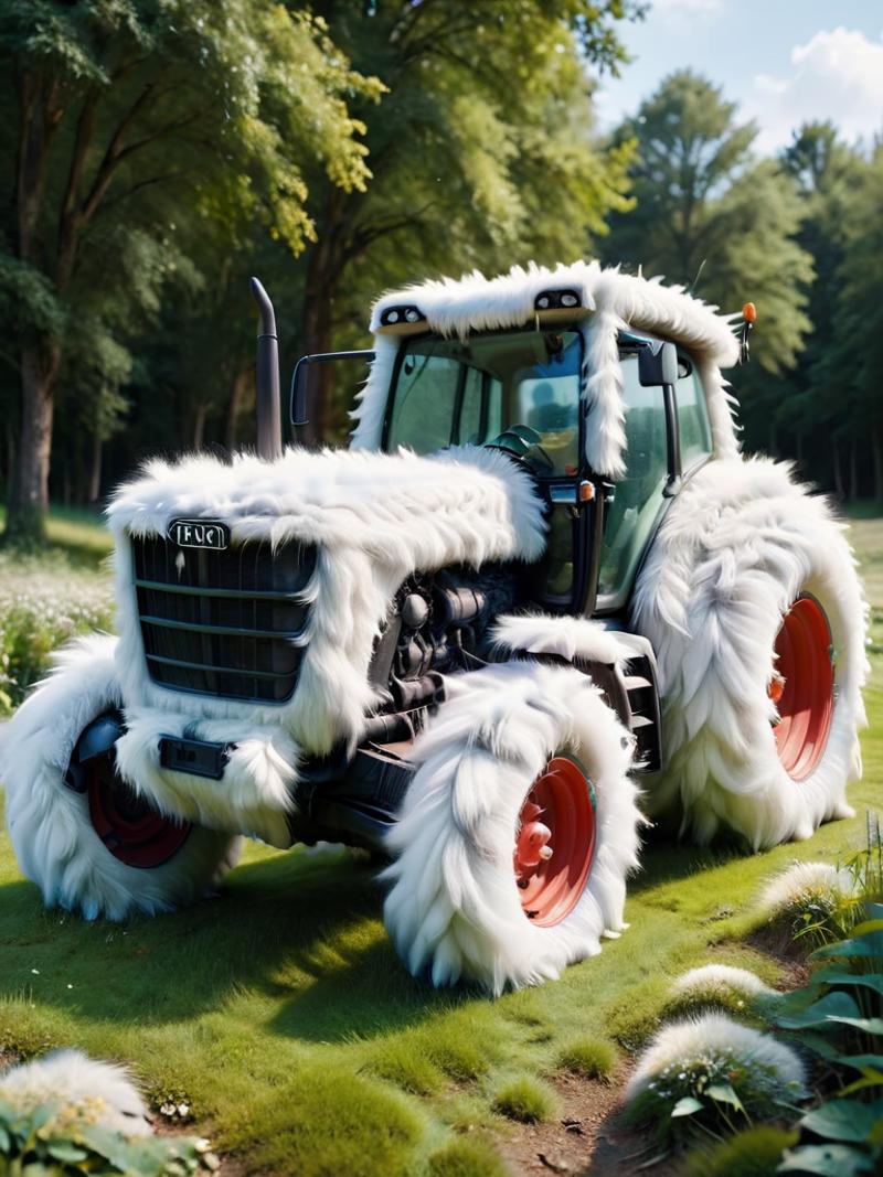 A white tractor with furry wheels.