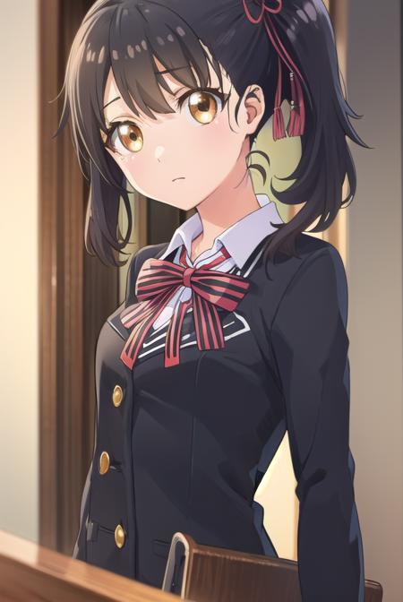 hasukikomai, <lora:hasuki komai s1-lora-nochekaiser:1>,
hasuki komai, (black hair:1.5), ribbon, (brown eyes:1.5), hair ribbon, side ponytail,
BREAK bow, school uniform, jacket, striped, bowtie, black jacket, blazer, striped bow, striped bowtie,
BREAK indoors, classroom,
BREAK looking at viewer, (cowboy shot:1.5),
BREAK <lyco:GoodHands-beta2:1>, (masterpiece:1.2), best quality, high resolution, unity 8k wallpaper, (illustration:0.8), (beautiful detailed eyes:1.6), extremely detailed face, perfect lighting, extremely detailed CG, (perfect hands, perfect anatomy),