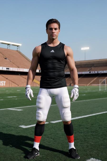 (full body) professional photo of mike_branson <lora:mike_branson-08:0.75> wearing a modern fitted athletic outfit, short-sleeved compression shirt in a bold color, compression shorts and running shoes, posing on a well-maintained football field, goalposts in the background, natural sunlight, (golden hour:0.5), warm soft flattering lighting,