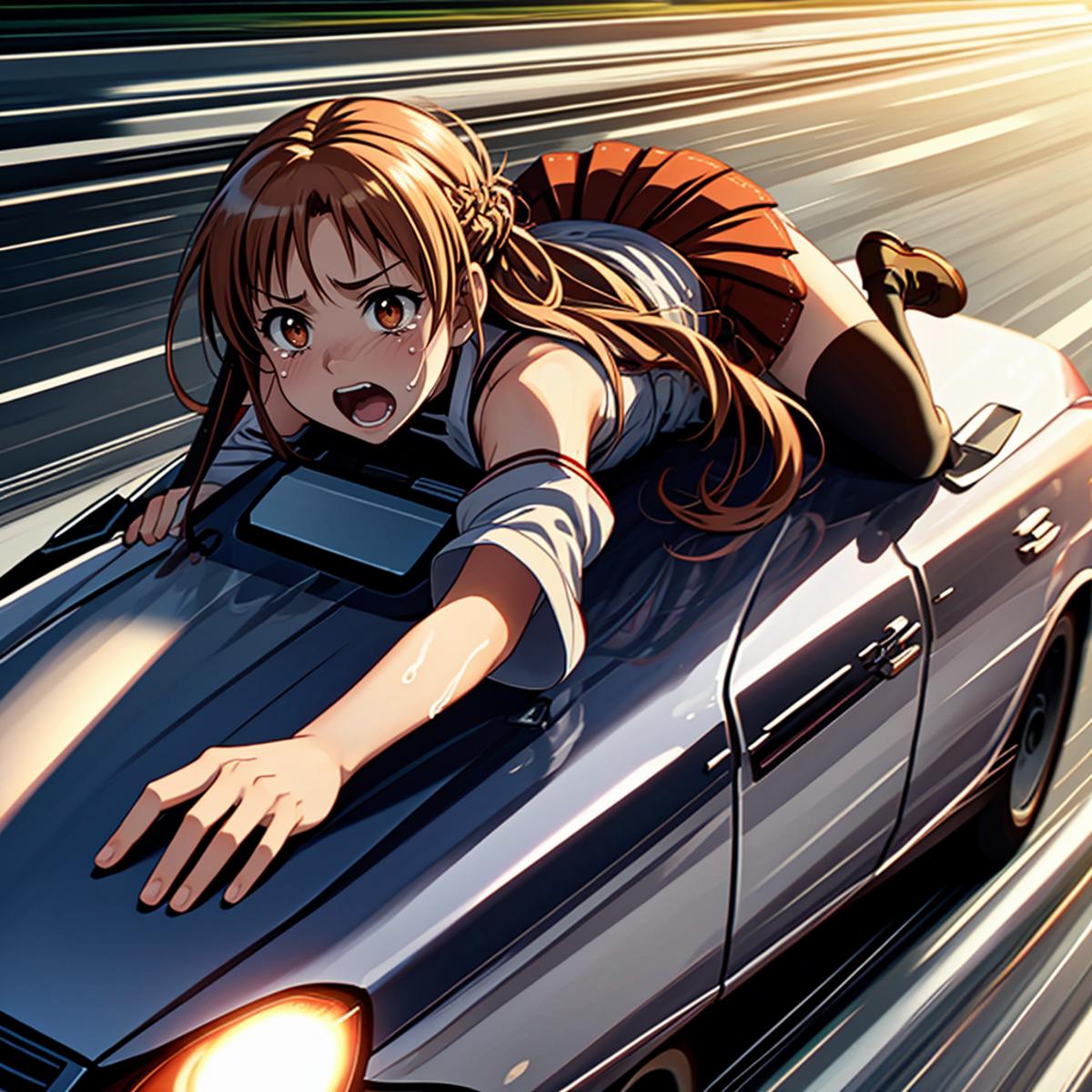 Anime girl with a short ponytail riding on the hood of a car.