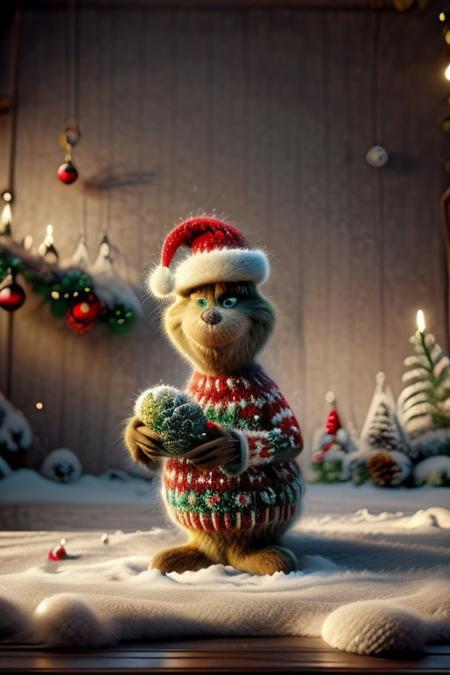 christmassweater, Masterpiece, 1female, detailed, realistic photo, portrait, face focus, close up, European, female, red lips, gentle smile, 28 years old, realistic high detailed face, natural eyes, anatomic correct bodies, lots of detail, colorful, hdr, strong, mature female, beautiful, cinematic, elegant, hyperrealistic, hyperrealism, Christmas sweater, colorful sweater, garden, winter, Christmas tree, Christmas decorations, Christmas, hands hidden, hands out of view, Grinch, animal focus, Santa hat.