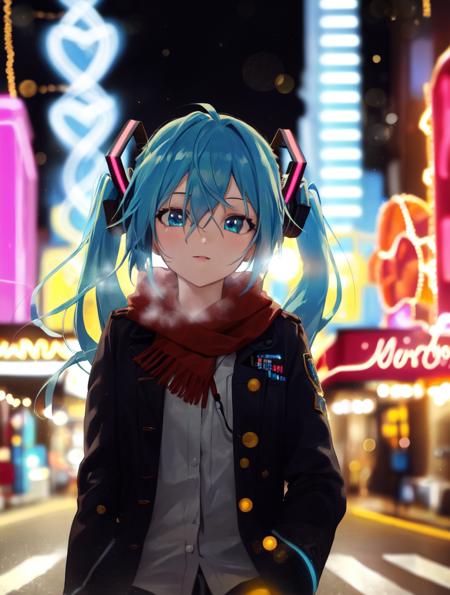 absurdres, masterpiece, highres, cinematic, full HD, 8k, intricate detail, ultra detailed, illustration, (portrait), landscape, 1girl, (road, street:1.4), blurry, (bokeh, blurry background:1.4), (city lights, neon lights:1.4), winter, morning, sunrise, (Lens Flare), (city, cityscape:1.4), eye focus, scarf, depth of field, snow, snow particles <lora:Modare-000004:1>, close up, focus on eyes, hatsune miku