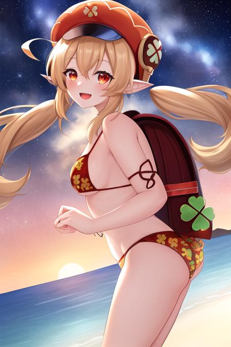 masterpiece, best quality, highres, solo, {night:1.10}, {starry sky:1.10}, beach, beautiful detailed sky, {extremely detailed background:1.20}, mature, {klee_genshin:1.10}, bangs, pointy_ears, twintails, ahoge, long_hair, low_twintails, hair_between_eyes, hat, red_headwear, smile, sidelocks, hat_feather, cabbie_hat, open_mouth, bag, red_eyes, blonde_hair, backpack, clover_print, light_brown_hair, :d, orange_eyes, {standing:1.10}, looking at viewer, {bikini:1.30}, light smile