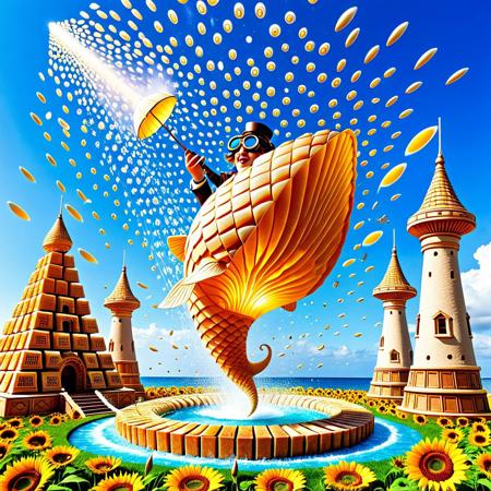 (masterpiece), (best quality), (absurdres), (vibrant painterly style), BREAK
(a floating cow made of sunflowers), (body petals rotating like a vortex), (hooves spinning like flower fans), (face made of sunflower seeds and gears), BREAK
(wearing steampunk goggles), (holding an umbrella made of beeswax), (mooing into a glowing conch shell), (tail trailing glitter and sound waves), BREAK
(levitating above a sunflower tornado), (gravity is upside down), (floating pyramids made of toast), (sky filled with whales made of paper), BREAK
(surreal color explosion), (gravity-defying composition), (visual jazz), (pure whimsical nonsense), (the kind of weird that makes total dream-sense)
