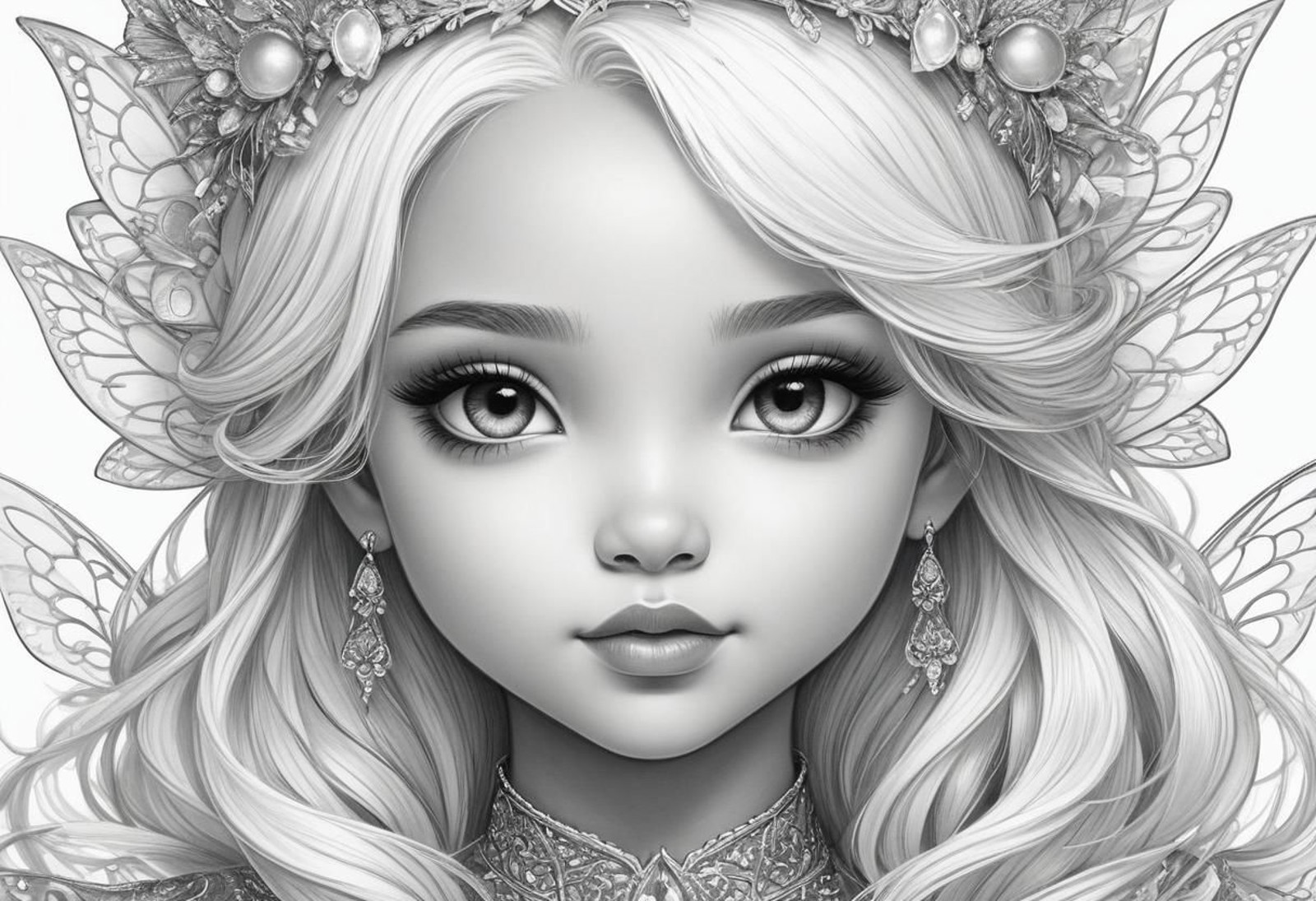 A stunning ink drawing children coloring page of whimsical magnificent [black princess Fairy],ultra close up front view ha...