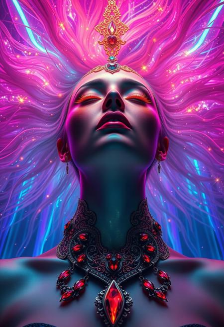 A surreal and ethereal cyber-fantasy portrait of a regal woman in a trance-like state, viewed from below. She has luminous, glowing skin in rich tones of rainbow, with intricate golden filigree and gem-like elements adorning her face and forehead. Her flowing hair radiates outward like a celestial nebula, embedded with sparkling lights and magical particles. Her eyes are glowing and closed, exuding mysticism. Her neck and chest are adorned with an elaborate ornamental bio-mechanical collar made of elegant dark metal and pulsating crimson gems, resembling a living piece of art. The background features a high-tech, crystalline containment chamber bathed in neon pink, violet, and electric blue light, with faint energy streams and floating sparkles, evoking a sci-fi-meets-fantasy atmosphere.
<lora:DarkGhibliMJ7:0.7>,
<lora:Dever_Flux_Enhancer:0.5>, 
<lora:Artify´s Fantasy and Sci-Fi Art Flux:0.5> ,
<lora:ck-Neon-Retrowave:0.3>,