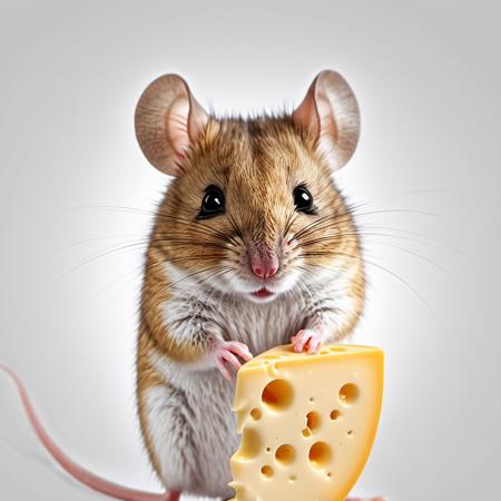Cute small mouse, eating cheese, cheeks filled with cheese