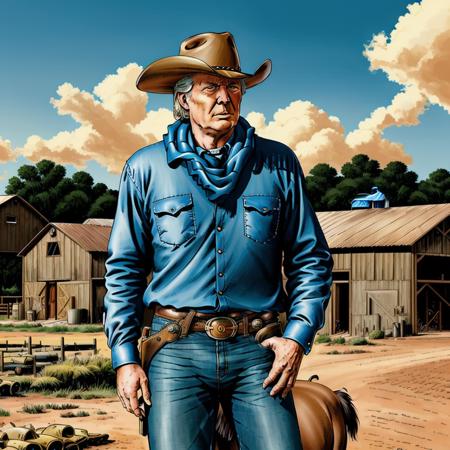 drawing of old cowboy, donald trump, standing, detailed face, detailed eyes, poncho, blue jeans, horse barn, blue sky, clouds, <lora:bonelli-000006:0.7>