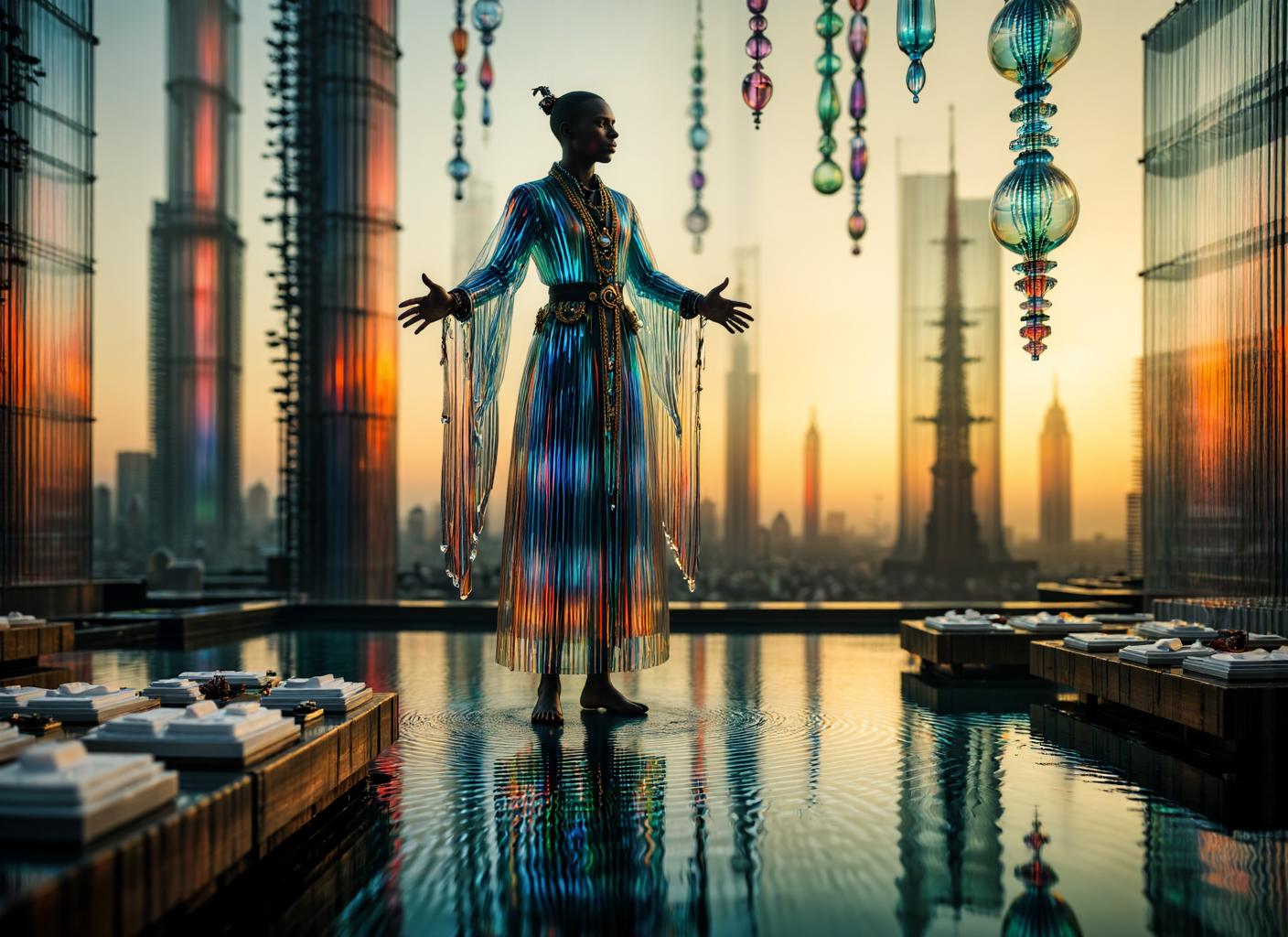 {    "T5": "A serene postmodern cityscape at dusk, softly focused with warm, golden lighting, as a complex marlin in a multi-tiered robe, adorned with noir cybernetics, floats effortlessly amidst translucent colored glass sculptures suspended in mid-air, inspired by the atmospheric scenes of Blade Runner, with pulp magazine-esque futuristic architecture in the background.",    "CLIP-L": "Soft focus, translucent colored glass, multi-tiered robe, noir cybernetics, complex marlin, postmodern architect, pulp magazine cover art, Blade Runner aesthetics, serene scenes, frontier life, cityscape, warm golden lighting",    "DALLE": "Softly focused, muted warm colored painting of a marlin in a multi-tiered robe and noir cybernetics standing amidst a cityscape with a mix of postmodern architectural elements, several translucent colored glass art pieces visible in the scene, the overall aesthetic heavily inspired by pulp magazine art from the Blade Runner universe." }