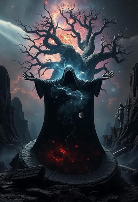 A universe inside a dark cloaked figure within mysterious landscape in an unfathomable realm of fantastic creation inhabited by ancient shadows of a forgotten time beyond the gate of the gateless gate where life is limitless, light is shadow and shadow is light, eerie sense, horror, spark of the beginning, existence and nonexistence at once, ethereal, outstretched arms, behold the end of the beginning, inglorious glory to the dark one, betrayal of the ancient order, beware the 7headed beast, destroyer of the old ways, bearer of the unbearable, nightmarish, archaic runes, tree aging backwards, breath of the gods, ruins of a place unimagined, extreme intricate detail, photorealistic, beyond epic scene, fate discarded