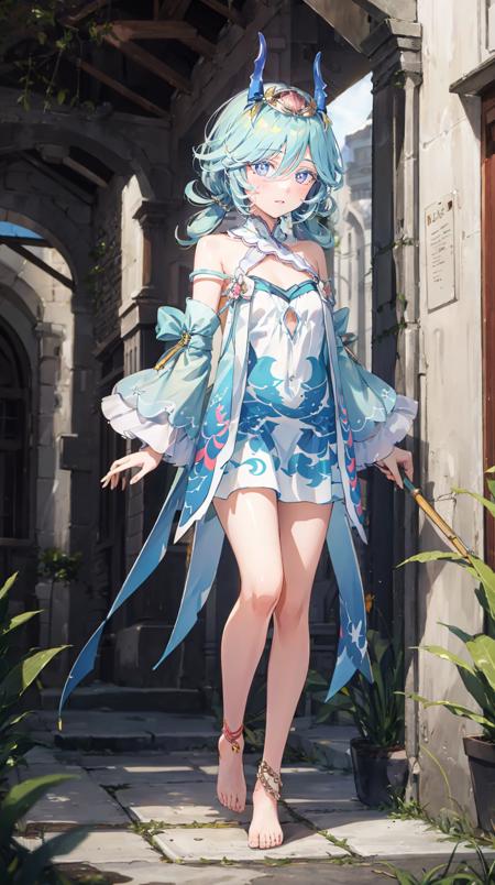 blue hair, multicolored hair, long hair, hair between eyes, twintails, horns, hair ornament, blue eyes, dress, bare shoulders, detached sleeves, barefoot, anklet