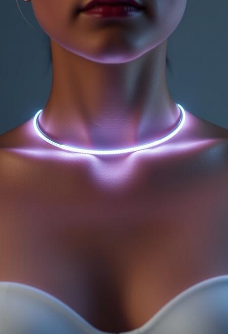 subdermal LED bar necklace, (internal LED glow:1.7), (embedded LEDs:1.8) forming a sleek, horizontal line of glowing light beneath the skin across the collarbone, soft light radiating outward from the center, (horizontal glowing line:1.6) following the natural curve of the body, smooth light diffusion, (natural skin tone:1.5), high-definition, (ultra-realistic skin texture:1.8), seamless light transitions beneath the skin, (no visible jewelry:1.8), (worn necklace:-1.8), (chains:-1.8), radiant horizontal light band under the skin, minimalist yet modern, perfect for casual and formal wear