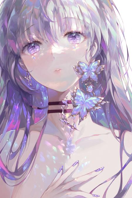 high quality, best quality, by hyatsu, solo, 1girl, butterfly, earrings, jewelry, bug, bangs, purple eyes, choker, looking at viewer, long hair, parted lips, portrait, white background, nail polish, purple hair, hair between eyes, simple background, <lora:hyatsu:1>