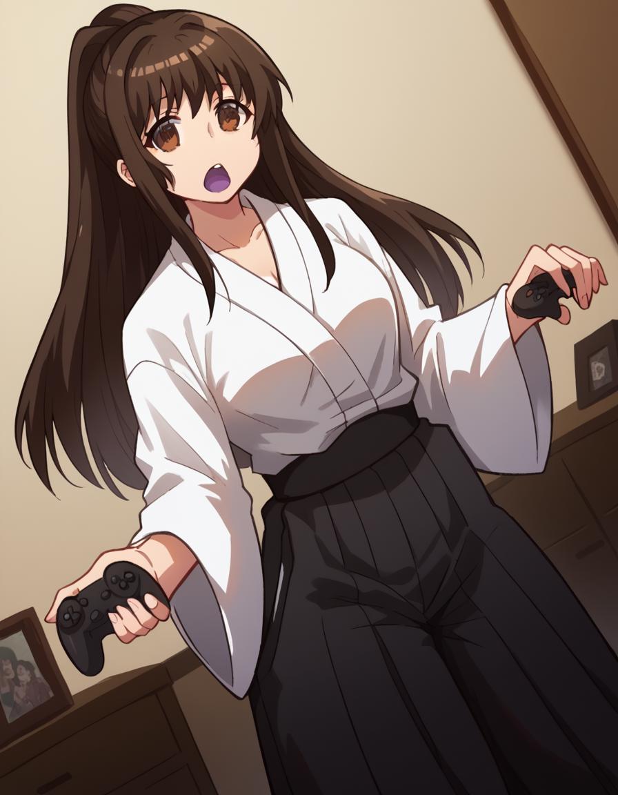 score_9, score_8_up, score_7_up, source_anime, <lora:yuzuru-inamori-s2-ponyxl-lora-nochekaiser:1>, yuzuru inamori, long hair, brown hair, brown eyes, ponytail, large breasts,, skirt, japanese clothes, hakama, hakama skirt, miko, black hakama,, living room, video game, controller, competitive, fun, afternoon, , <lora:ghost-pose-ponyxl-lora-nochekaiser:1>, ghost pose, ghost, purple tongue, open mouth, looking up,, looking at viewer, solo,, dutch angle, cowboy shot