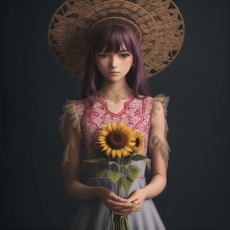 <lora:detkokosh:1> , detkokosh, 
1girl, bare arms, blue ribbon, bouquet, bow, collarbone, dress, flower, grey dress, hat, hat bow, holding, holding bouquet, long dress, long hair, looking at viewer, purple bow, purple hair, ribbon, sleeveless, sleeveless dress, solo, standing, straight hair, straw hat, sun hat, sundress, sunflower, very long hair, yellow eyes, yellow flower, yellow headwear