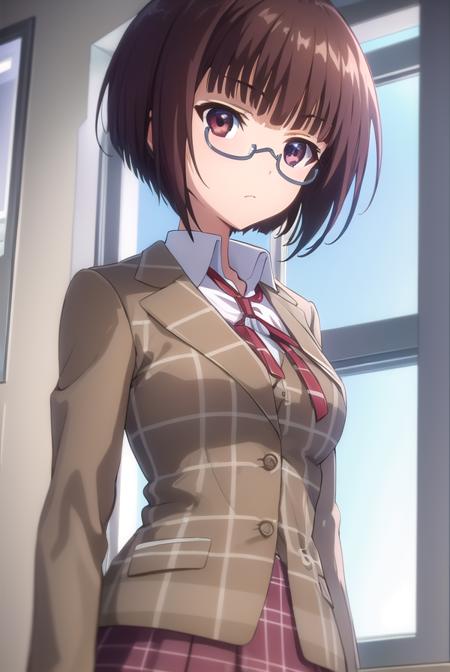 lunaminase, <lora:luna minase s2-lora-nochekaiser:1>,
luna minase, short hair, brown hair, (brown eyes:1.5), glasses, bob cut, under-rim eyewear,
BREAK skirt, school uniform, plaid, plaid skirt, shirt, white shirt, collared shirt, jacket, long sleeves, black jacket,
BREAK indoors, classroom,
BREAK looking at viewer, (cowboy shot:1.5),
BREAK <lyco:GoodHands-beta2:1>, (masterpiece:1.2), best quality, high resolution, unity 8k wallpaper, (illustration:0.8), (beautiful detailed eyes:1.6), extremely detailed face, perfect lighting, extremely detailed CG, (perfect hands, perfect anatomy),