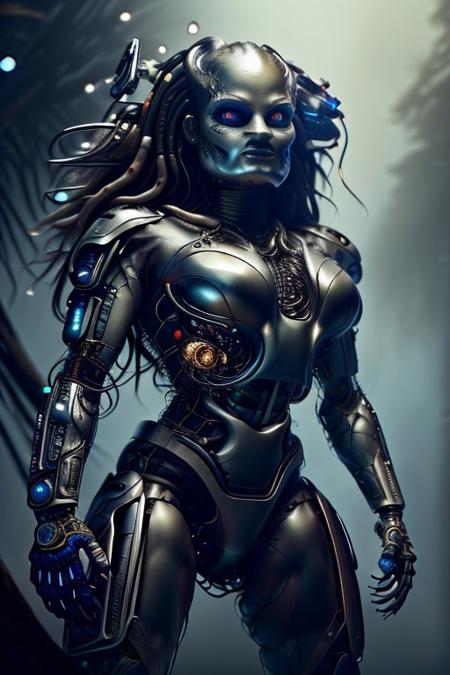 cinematic film still silverpulse, cyborg yautja, simple background, high quality, artistic, vibrant colors, detailed textures. futuristic sleek/glossy silver and blue glow, vibrant colors, detailed textures., Concept art, cyborg, background, vintage, modern, SilverPulse, <lora:SilverPulseMorphXL:0.8>, excellent composition, artistic, highly detail, holy, sunny, dynamic dramatic beautiful full taking . shallow depth of field, vignette, highly detailed, high budget, bokeh, cinemascope, moody, epic, gorgeous, film grain, grainy, dutch angle,