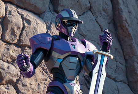 A hyperrealistic digital painting, 8K resolution, rendered in Octane and Unreal Engine 5. Style: Raphael meets Houdini, with a splash ink effect. Subject: A robot-like figure, predominantly purple and gray with blue and white accents, stands against a detailed rocky wall. The robot wears a helmet with a visor; its right hand grips a sword, while its left hand is raised in a dynamic gesture. Lighting: Captivating and dramatic, utilizing a Grammer effect. Composition: Impeccable, utilizing the Golden Ratio, with a creative angle and isometric perspective. Details: Super detailed face, eyes, and clothing; sharp lines and brushstrokes; harmonious, multicolored contemporary aesthetics. Background: A beautifully rendered matte painting of a rocky wall, providing a stark contrast to the robot. Overall mood: A blend of futuristic and fantasy, conveying vivid emotions and a powerful message. Keywords: ArtStation trending, CGSociety, high-res, 4K, exceptional quality, lifelike details, handcrafted precision, stunning colors, dynamic action pose, well-timed moment, hyperrealistic, masterpiece.