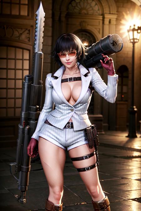 (masterpiece, best quality:1.2), lady, dmc, dmc4, white striped suit, 1girl, solo, heterochromia, red eyes, blue eyes, black hair, smile, tinted eyewear, striped, shorts, thighs, weapon, red gloves, huge weapon, cleavage, large breasts, rocket launcher, scar,  gun, <lora:LADY-15:0.8>