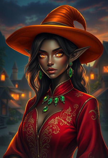 fantasy female character, dark skin, glowing amber eyes, wide-brimmed orange hat, red dress with gold embroidery, green gemstone jewelry, elf-like features, magical village, sunset lighting, fantasy setting, elegant outfit, mystical aura, enchanted atmosphere, warm tones, stylized character design, fashion photography, sensual imagery, dramatic lighting, retro aesthetics