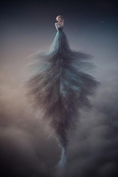surreal, waltz of fractal smoke over the abyss, fantasy smoke, dresses and stars, dynamics, movement, wind, colorful, intricate details, perspective, hyper-detailed, hyper-realism, professional photoshoot