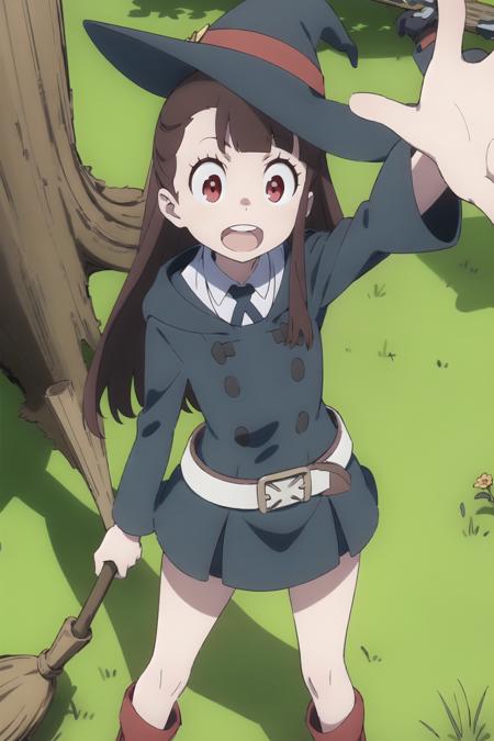 akko, 1girl, solo, open_mouth, boots, arm_up, school_uniform, witch, luna_nova_school_uniform, dress, belt, knee_boots, long_sleeves, teeth, holding, full_body, bow_(weapon), outdoors, weapon, smile, broom, shirt, white_shirt, collared_shirt, wide_sleeves, witch_hat, looking_up, broom_riding, tree, hood, sky, hood_down, flying, standing, nature, neck_ribbon, ribbon, upper_teeth_only, day, round_teeth, :d, from_above, forest, cloud, looking_at_viewer, anime_coloring, holding_bow_(weapon), pale_skin, wand, outstretched_arm, holding_weapon, black_footwear