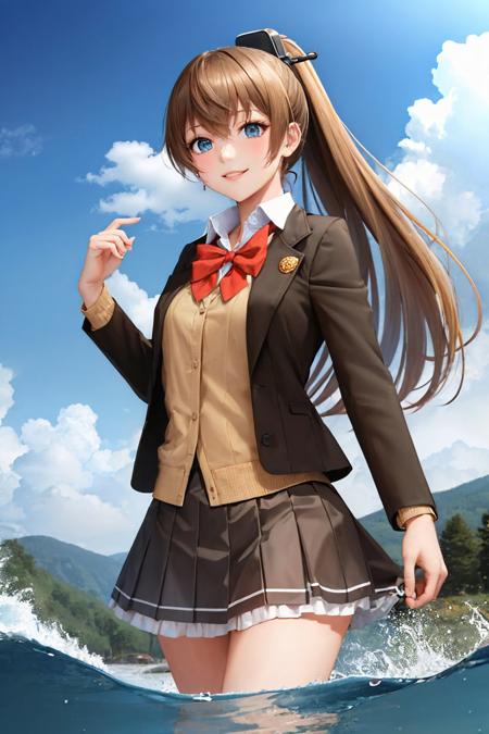 kumano kai ni ponytail school uniform brown jacket cardigan red bowtie brown skirt brown thighhighs