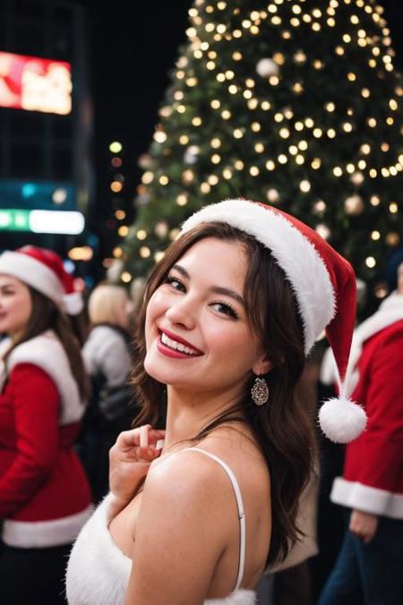 winter postcard, postcard style, white border,  of a close-up portrait featuring a woman in a santa red dress, amidst a bustling Christmas Tree in New York City's vibrant nightlife. Emphasize the sharpness of her face as the crowd dancing around her from behind while she laugh. Use a Nikon F4 camera and analog Kodak Ektachrome slide positive film for a vintage touch