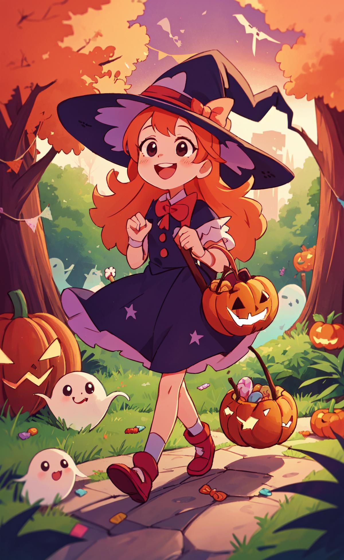 A young girl is holding a pumpkin-shaped bag and a giant pumpkin bag while walking through a forest filled with pumpkins, ghosts, and other seasonal decorations.