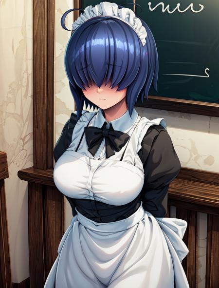 masterpiece, best quality, outdoors,
mekakure, 1girl, solo, blush, purple hair, hair over eyes, short hair, ahoge, blue hair, covered eyes, 
breasts, large breasts, huge breasts, maid, maid headdress, maid apron, maid dress, arms behind back, 
<lora:LoRA_Mekakure:1>