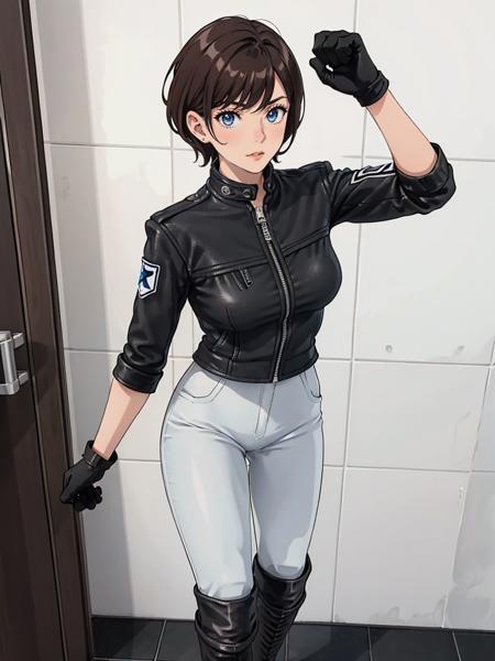 femaleguarduniform,1girl,solo,looking at viewer,(standing:1.3),brown hair,short hair,blue eyes,breasts,medium breasts,rolling sleeves up,black jacket,leather,leather jacket,zipper,armband,gloves,black gloves,pants,(white pants:1.2),boots,knee boots,high heels,high heel boots,black footwear,pants tucked in,indoors,tile floor,tile wall,<lora:PD_Female_Guard_Uniform_V1.0:0.5>,