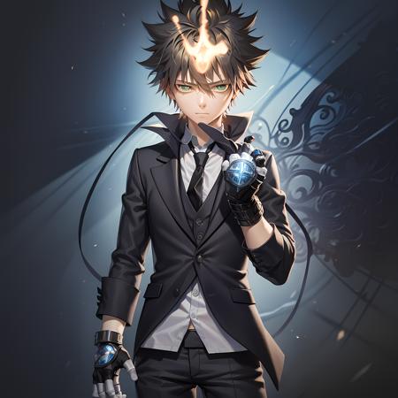 ((masterpiece, best quality)),(complex lighting),solo,portrait, 1boy, tsuna,standing,green eyes, gloves, <lora:TsunaSawada1-10:0.8>,black suit, pants, black necktie, white shirt, fingerless gloves,