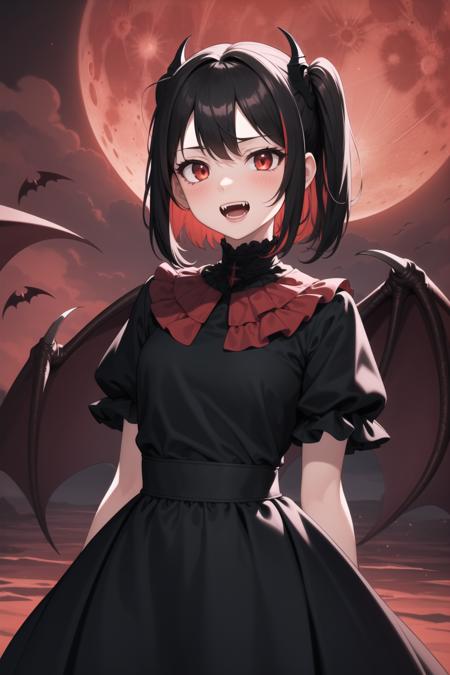 masterpiece, best quality, detailed, 1girl, mature female, crimson sky, arms at sides, red crimson moon, vampire,( red and black shirt:1.1), long two toned frilled dress, gentle breeze, open mouth, fangs,