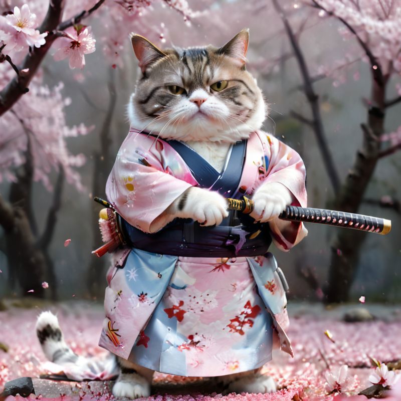 A small cat dressed in a kimono and holding a sword.