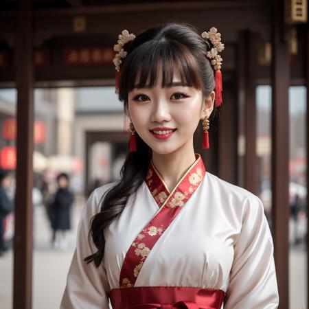 1girl,chinese_style,china_dress,smile,(huge filesize:1.1),(reality:1.2),(new year:1.1),city,hanfu,tang style outfits,<lora:hanfuTang_v32:0.7>,(18 years ols:1.1),makeup,sexy,8k uhd,high quality,dramatic,cinematic,vibrant colors,high contrast,(natural skin texture, hyperrealism, soft light, sharp),