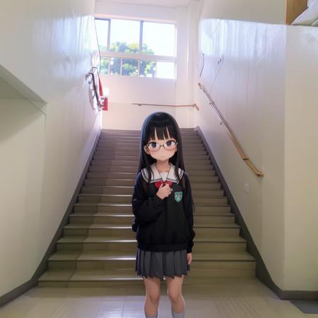 best quality, ultra-detailed, illustration,
1girl, glasses, black hair, long hair, black eyes, school uniform, blush, looking at viewer, standing,
kaidan, stairs, scenery, window, realistic, photo background, photo (medium)
 <lora:Kaidan_school_SD15_V4:1>