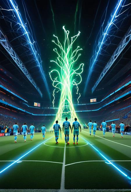 Under a golden, celestial glow, a surreal football game unfolds as players move gracefully, leaving shimmering light trails with every step. The field pulses with bioluminescent energy, its glowing green blades synchronising with the rhythm of the match.The golden football, emitting a bright light, streaks across the field like a shooting star, emitting sparkling bursts of brilliance upon impact, briefly illuminating the players' focused expressions.
The players' uniforms are imbued with luminous threads that exhibit dynamic shifts in hue, seamlessly blending with the ethereal light that envelops the stadium.Hovering above are radiant, firefly-like entities, intermittently flitting between players as if offering encouragement.The goalposts, crystalline and radiant, refract light into dazzling patterns, further enhancing the game's otherworldly allure.
The crowd further enhances the spectacle by means of luminous flags and bursts of light accompanying their cheers, thereby creating ripples of energy that fill the stadium.This extraordinary match thus transcends the ordinary, merging athleticism with celestial wonder to create a luminous celebration of human spirit and cosmic beauty, leaving an unforgettable impression on all who witness it.