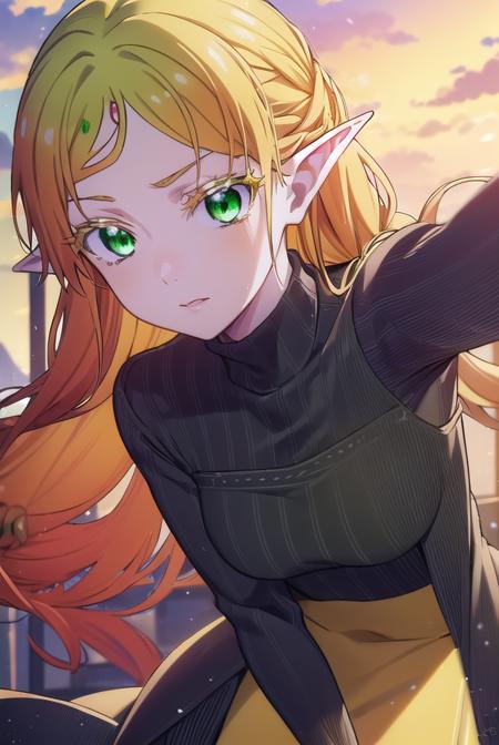 tsundereelf, <lora:tsundere elf s1-lora-nochekaiser:1>,
tsundere elf, long hair, blonde hair, (green eyes:1.5), pointy ears, elf, multicolored hair, forehead jewel,
BREAK long sleeves, turtleneck bodysuit, pantyhose, sweater, (black sweater:1.2), dress, (yellow dress:1.5),
BREAK outdoors, forest, nature, sun, sky, clouds,
BREAK looking at viewer, (cowboy shot:1.5),
BREAK <lyco:GoodHands-beta2:1>, (masterpiece:1.2), best quality, high resolution, unity 8k wallpaper, (illustration:0.8), (beautiful detailed eyes:1.6), extremely detailed face, perfect lighting, extremely detailed CG, (perfect hands, perfect anatomy),