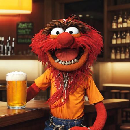 ((( a man drinking beer in a bar))) <lora:TheAnimalLoRA:0.8> theanimal, red hair, spiky teeth, bushy eyebrows, red full beard, collar with spikes, wristband with chains