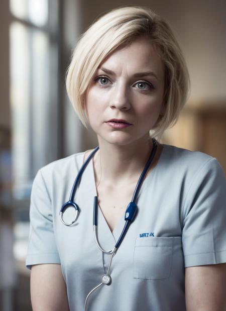 portrait photography, nurse, scrubs, worried expression, pixie cut, hospital background, soft colors, bokeh, (high detailed skin:1.1)
 <lora:emily_kinney_lora_v01:1> 3mk1n1