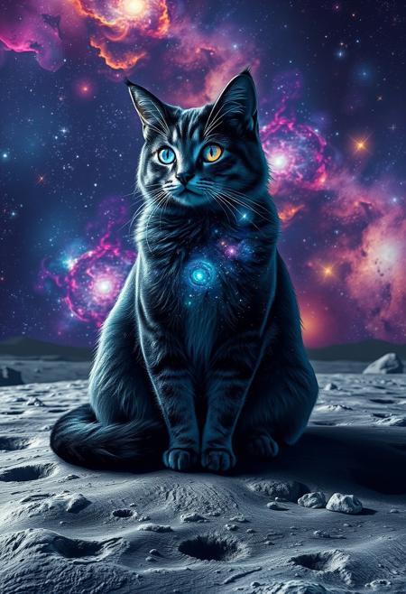 Create an image of a majestic, cosmic cat sitting on the lunar surface. The cat’s fur should shimmer with deep blues and purples, resembling the night sky, with stars subtly twinkling throughout its coat. Its eyes are vast galaxies, swirling with bright nebulae, stars, and cosmic dust. The lunar surface beneath the cat is detailed with craters and rocky textures, reflecting the light of a distant star. In the background, the cosmos is vibrant and alive, with colorful nebulae, distant galaxies, and clusters of stars filling the sky, creating a sense of infinite depth and wonder. The overall scene should feel otherworldly, mystical, and awe-inspiring.