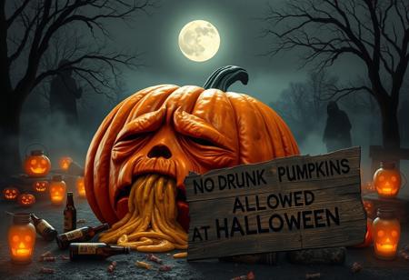“Enormous orange pumpkin with a tired, worn-out expression, sitting on the ground as it vomits its own pumpkin guts. Empty beer bottles scattered around, as if it just had a long night of drinking. Surrounding the pumpkin are spooky Halloween elements: glowing jack-o’-lanterns, eerie fog creeping along the ground, flickering candles inside skull-shaped lanterns, and a few scattered candy wrappers. A full moon casts a dim light over the scene, with creepy shadows from nearby trees and faint ghostly figures in the distance. In front of the pumpkin, a decayed, broken wooden sign with deep engravings reads ‘NO DRUNK PUMPKINS ALLOWED AT HALLOWEEN,’ adding a darkly humorous touch to the eerie atmosphere.”